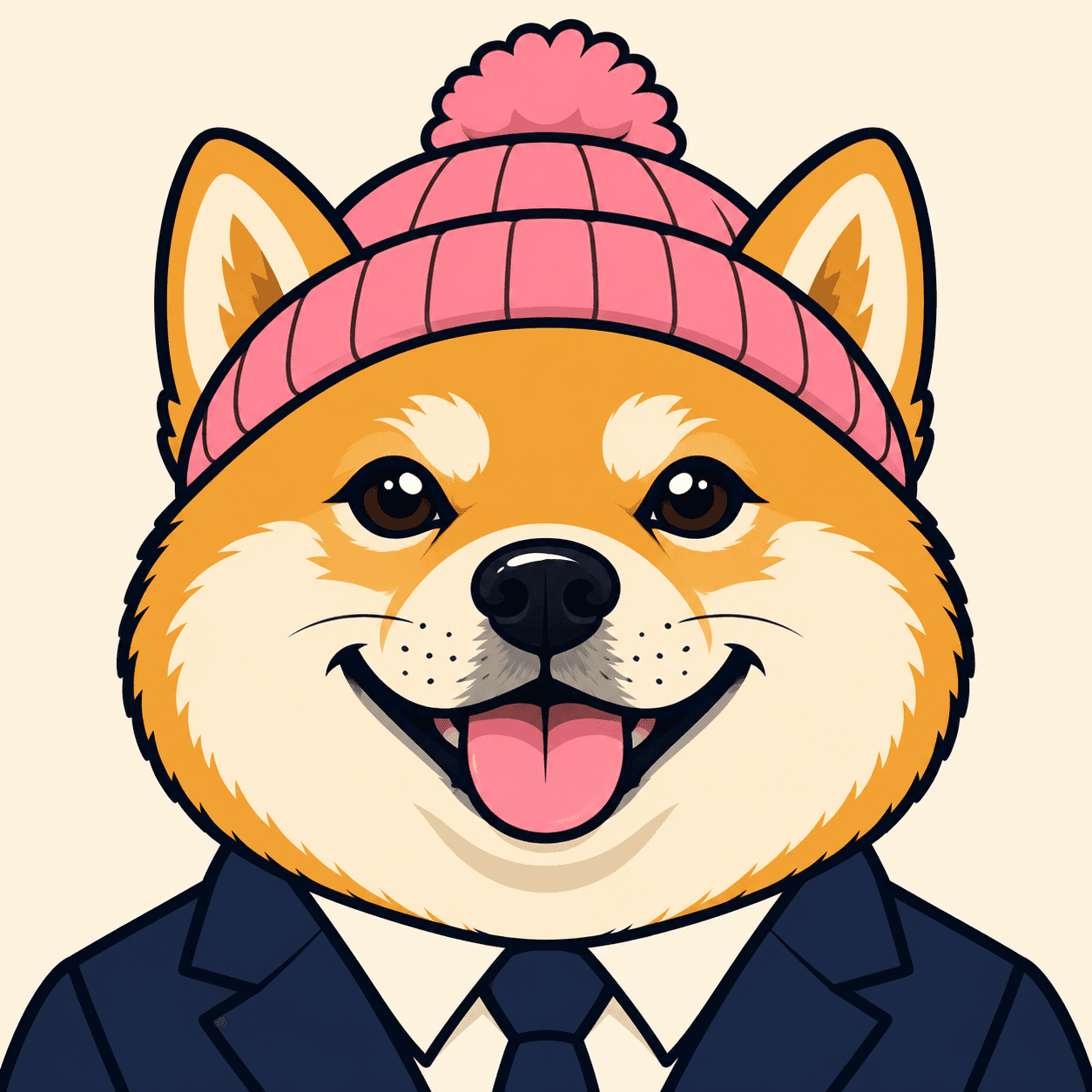 The Chief Barking Officer, a smiling golden Shiba in a pink hat and navy suit